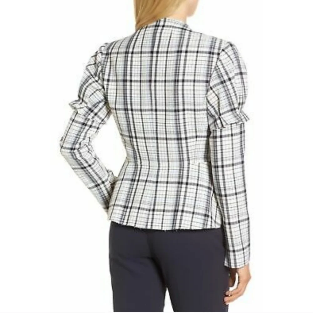 LEWIT WHITE & BLUE CHECK PLAID VIRGIN WOOL RAW EDGE PEPLUM JACKET Sz S - Picture 2 of 8